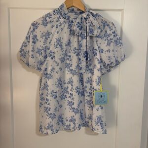 CeCe White Blouse with Blue Floral Design